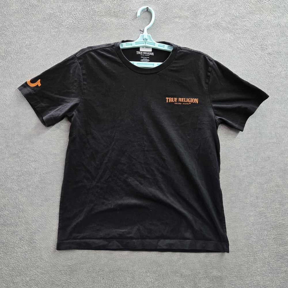 True Religion Men Shirt MEDIUM Black Graphic Print Buddha Guitar Logo